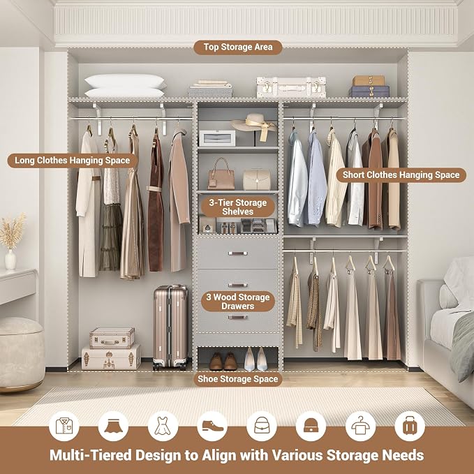 Closet System with 3 Drawers - 8FT Wood Closet Organizer with 3 Shelving Tower - Image 7