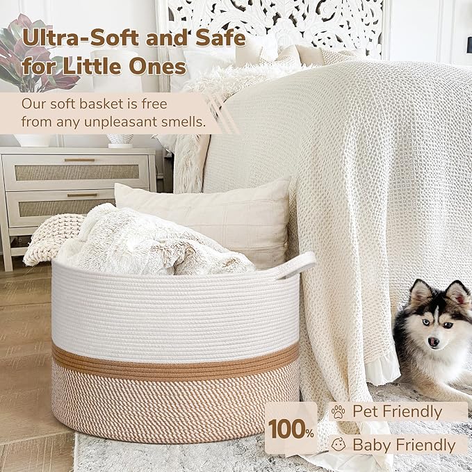 INDRESSME XXXLarge Cotton Rope Basket 21.7" x 21.7" x 13.8" Woven Baby laundry - Image 6
