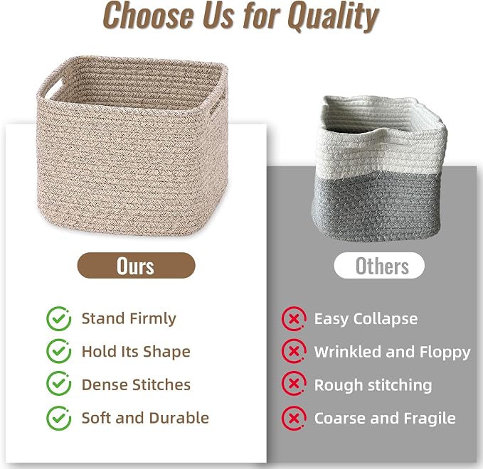 3 Pack Cube Storage Bin, 9”x9”x7” Cotton Rope Woven Baskets - Image 8