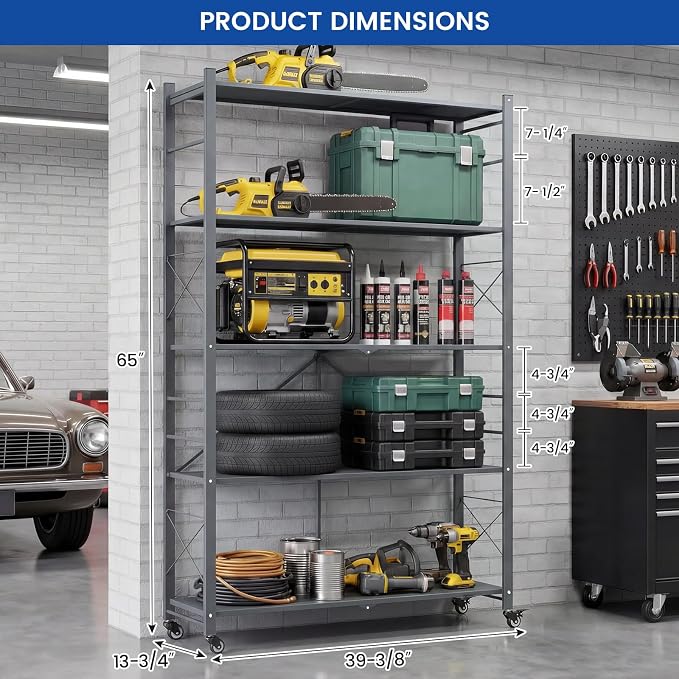 ALANNG 40" W Foldable 5-Tier Storage Shelves on Wheels Adjustable | Removable - Image 3