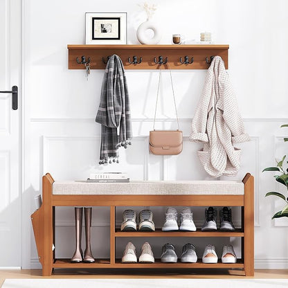 PETKABOO 39.4" Shoe Bench with Coat Rack Hidden Drawer and Side Holder - Image 7