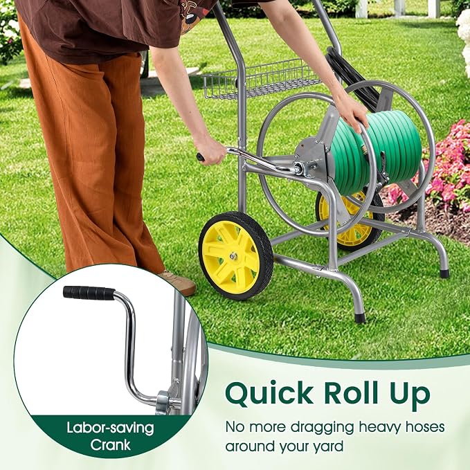 Goplus Garden Hose Reel Cart, 230ft 5/8" or 300ft 1/2" Heavy-Duty Metal Hose - Image 3