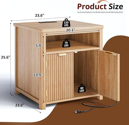 Fluted Nightstand with Charging Stations, 23.6" Wide Natural Oak Nightstand - Image 2
