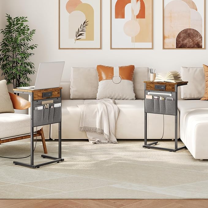 HOOBRO C Shaped End Table with Charging Station, Sofa Arm Tray Table with - Image 2