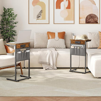HOOBRO C Shaped End Table with Charging Station, Sofa Arm Tray Table with - Image 2