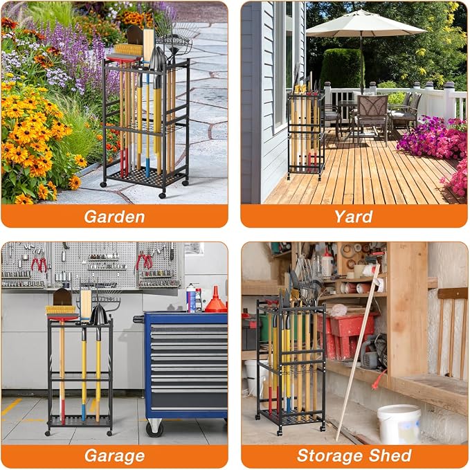Garden Tool Organizer with Wheels, Heavy-Duty Yard Tool Rack with 3 Side Hooks - Image 7