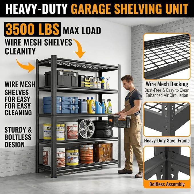 72" H X 36" W X 16" D Heavy Duty Garage Shelving Unit 5 Tier 3500 LBS Storage - Image 4