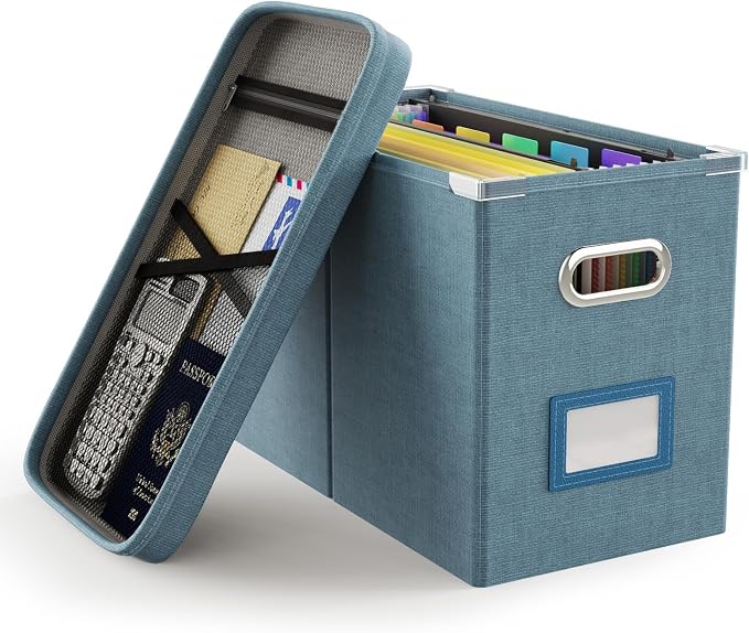 File Organizer Box with Lid, Hanging Filing File Box with Mesh Pocket, Document by Oterri