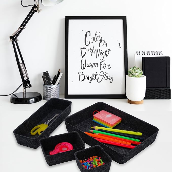 Welaxy Minimalist Felt Desk Drawer Organizer 8-Piece Charcoal Storage Bins - Image 3