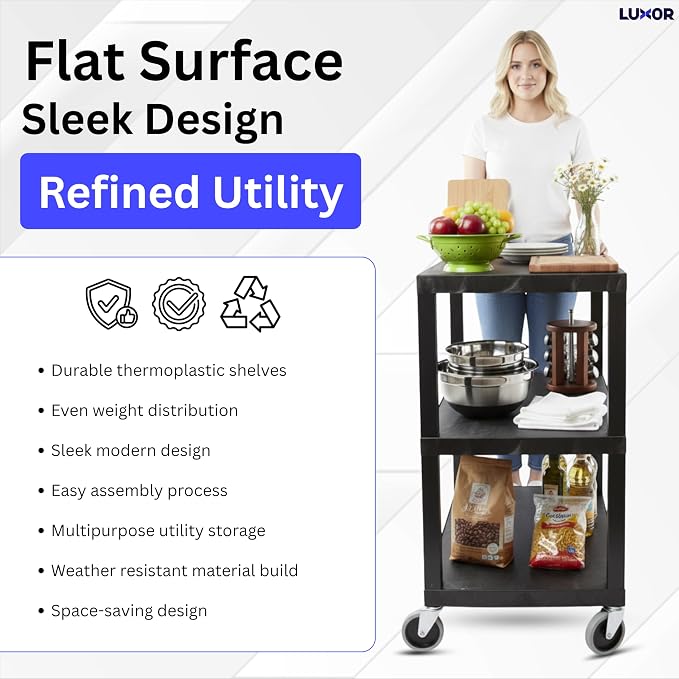 Luxor EC222-B Multipurpose Utility Cart, 1.62" Thick Flat Shelves, Ergonomic - Image 6