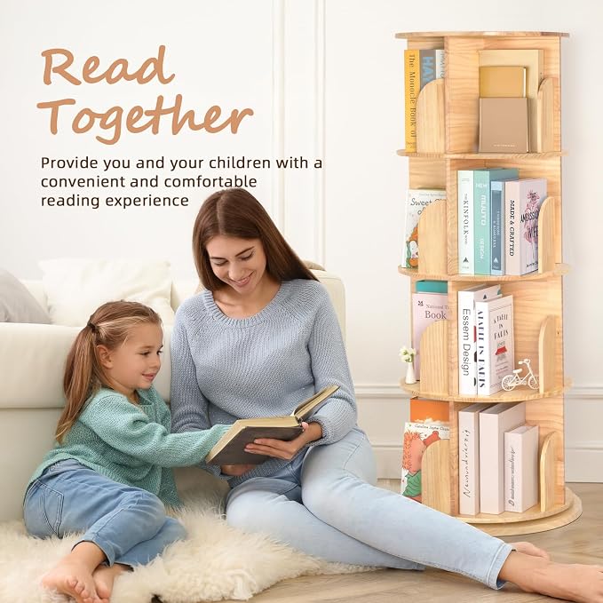 OOOK 4-Tier Solid Wood Rotating Bookshelf, Spinning Bookshelf - Image 4