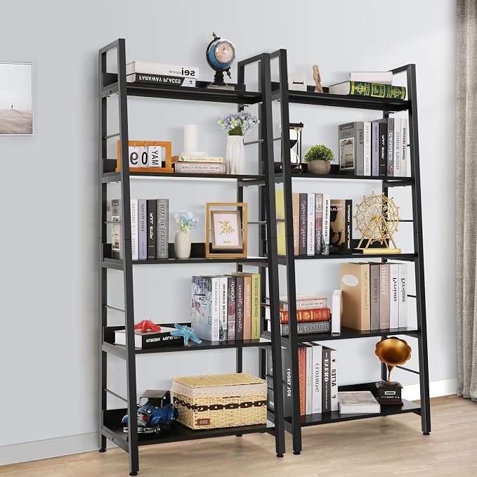 Himimi Black Ladder Bookshelf, 5 Shelf Bookcase Industrial Bookshelf Wood and - Image 8