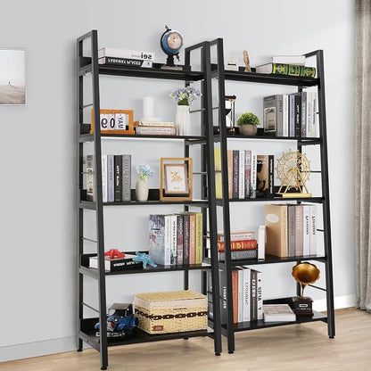 Himimi Black Ladder Bookshelf, 5 Shelf Bookcase Industrial Bookshelf Wood and - Image 2