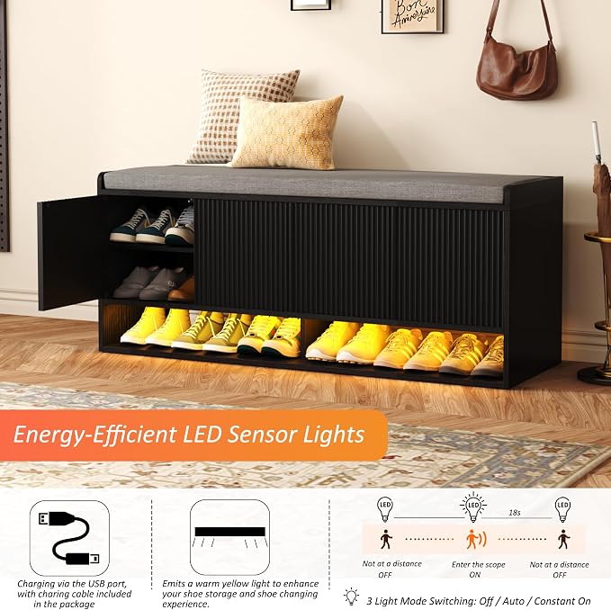 HOMEFORT 47.2" Fluted Shoe Storage Bench, Entryway Bench - Image 5