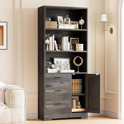 IRONCK Bookshelf with Door and 3 Drawers, 71in Tall Bookcase Shelf with 3-Tier - Image 6