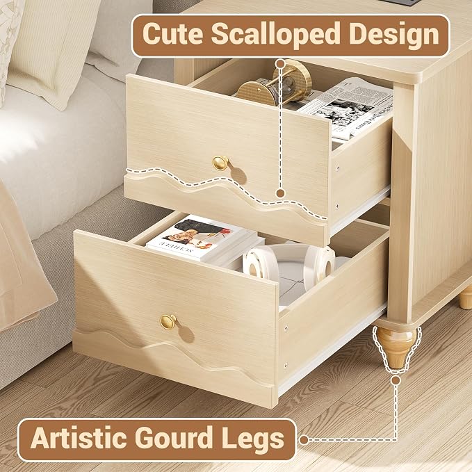 Cyclysio Nightstand with Charging Station, Side End Table with 2 Drawers - Image 5