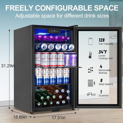 128 Cans Beverage Refrigerator Cooler, 3.2 Cu.Ft Mini Drink Fridge Glass Door - Image 2