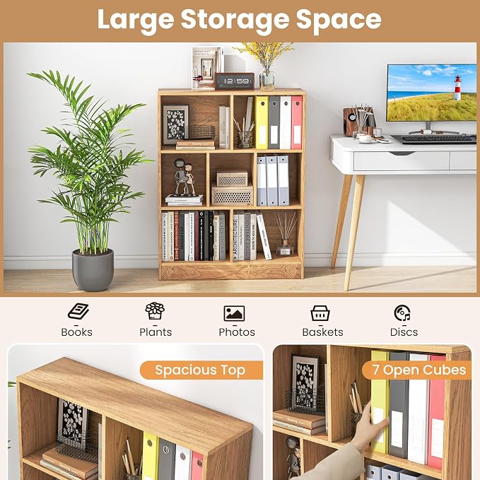 Giantex 7 Cube Bookcase, 4-Tier Freestanding Bookshelf w/ 7 Open Compartments - Image 5