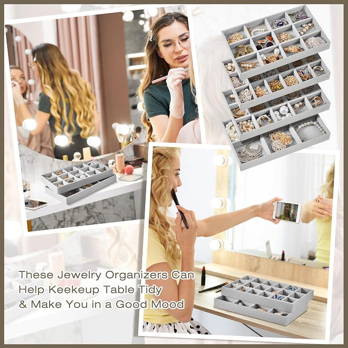 Junkin 12 Pcs Jewelry Tray Velvet Stackable Jewelry Organizer Trays Divided - Image 6