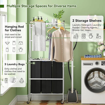 Laundry Sorter with Hanging Clothes Rack, Rolling Laundry Cart with Wheels & - Image 4