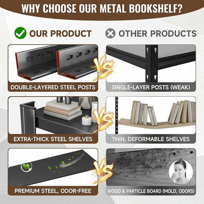 3 Tier Metal Bookshelf, Adjustable Tall Bookcase, Heavy Duty 1800 LBS Modern - Image 5