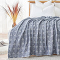 jinchan Boho 100% Cotton Blanket Muslin 50x60 Inches Lightweight 3-Layer Geometric Cross Pattern Reversible Quilt Throw Soft Breathable Comfy All Seasons for Couch Bed Decor, Blue
