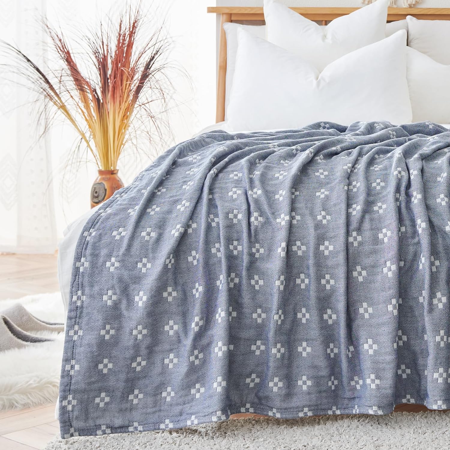 jinchan Boho 100% Cotton Blanket Muslin 50x60 Inches Lightweight 3-Layer Geometric Cross Pattern Reversible Quilt Throw Soft Breathable Comfy All Seasons for Couch Bed Decor, Blue