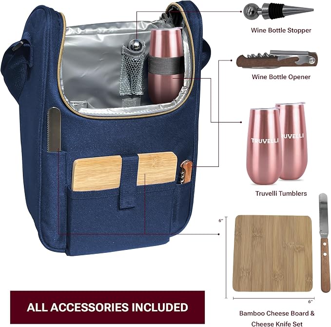 Truvelli Plush Picnic Premium Wine Bag, 7-in-1 Insulated 2 Bottle Wine Carrier - Image 3