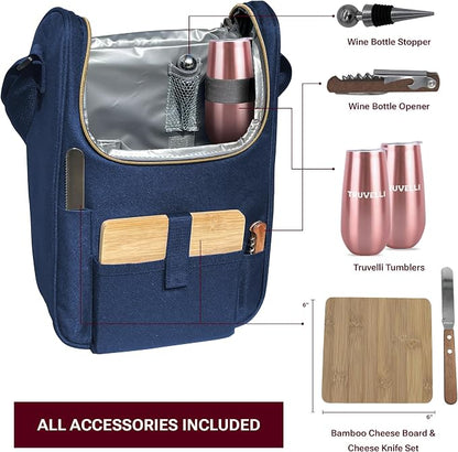 Truvelli Plush Picnic Premium Wine Bag, 7-in-1 Insulated 2 Bottle Wine Carrier - Image 3