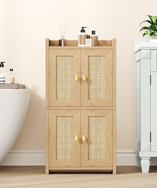 Akxomel 15" Rattan Small Bathroom Cabinet 4 Doors Adjustable Shelf Oak | by Akxomel