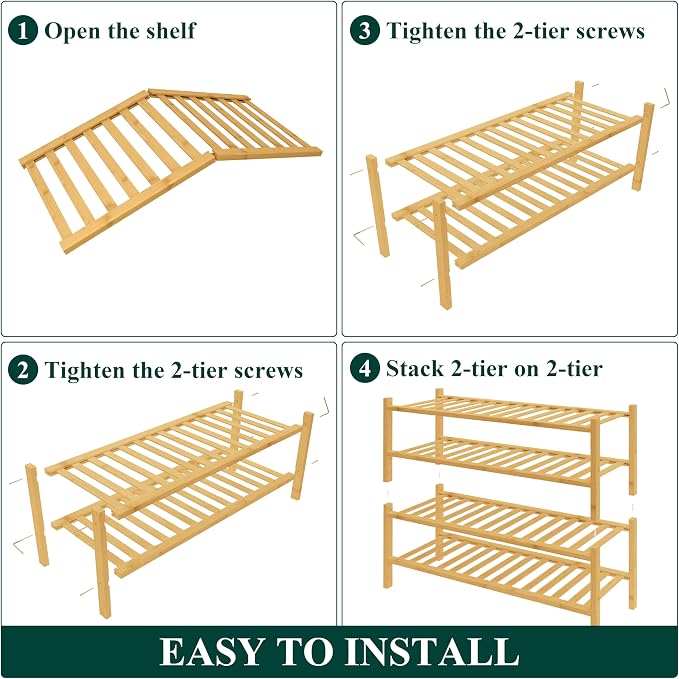 Smiry Bamboo Shoe Rack for Closet, 4 Tier Wooden Stackable Shoe Organizer - Image 5