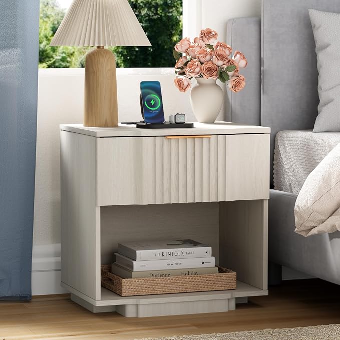 Yechen Fluted Nightstand with 20W Fast Charging Station by Yechen