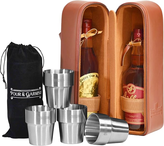 POUR & GARNISH Bourbon, Whiskey & Wine Double Bottle Travel Bag – Vegan Leather by POUR+%26+GARNISH