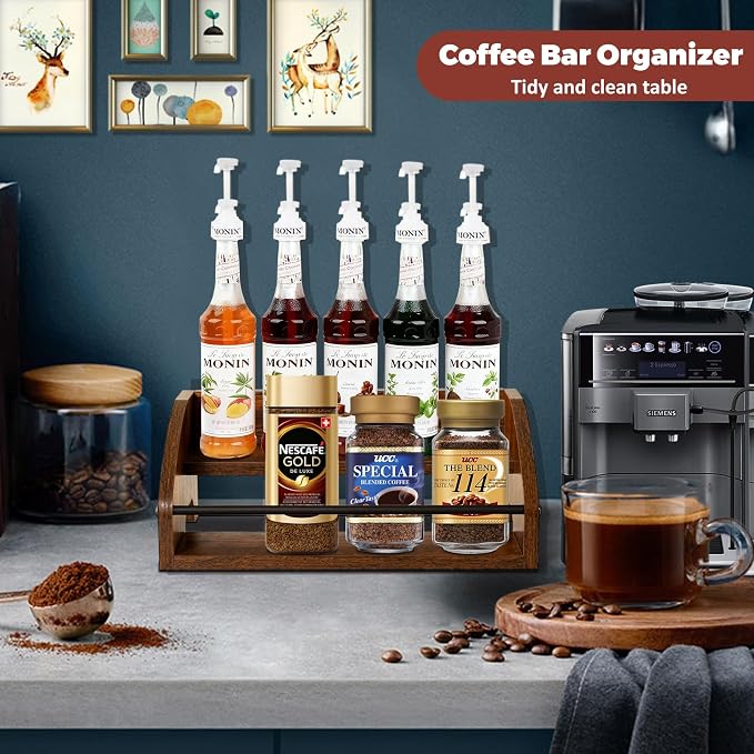 Wooden Countertop Organizer- Liquor Bottle Display Shelf, Coffee Syrup Rack - Image 2