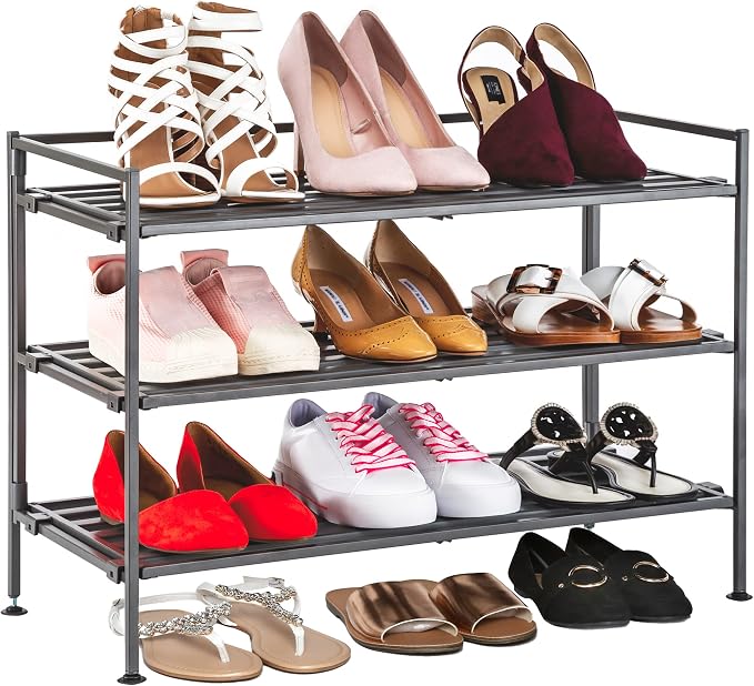 3-Tier Stackable 1" Slat Steel Frame Shoe Rack, 27.25"W x 12.75"D, Ash Gray | by Unknown