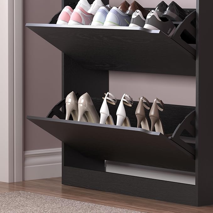 BORNOON Shoe Cabinet with 3 Flip Drawers & Coat Rack, Narrow Hidden Shoe - Image 6