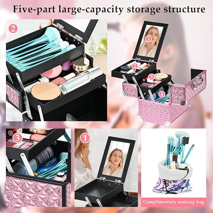 Makeup Case Organizer, Makeup Train Case, Trays Cosmetic Box Portable, - Image 4