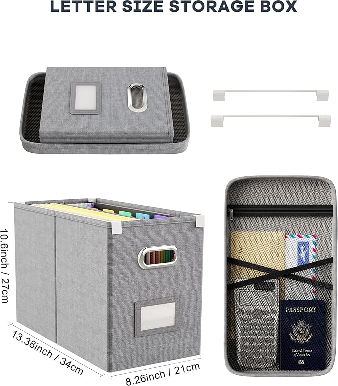 File Organizer Box with Lid, Hanging Filing File Box with Mesh Pocket, Document - Image 2