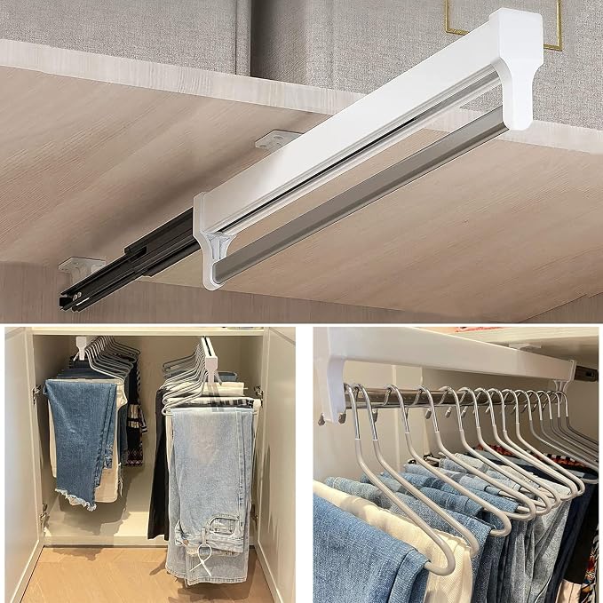 Pull Out Closet Valet Rod, Adjustable Sliding Heavy Duty Steel Top Mounted - Image 3