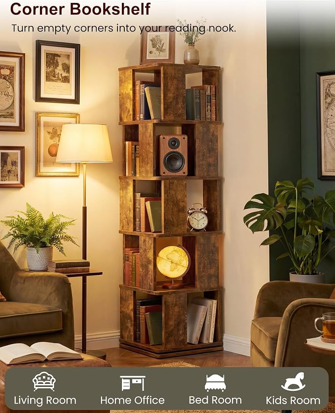 5-Tier Rotating Bookshelf Tower, 360° Square Spinning Book Shelf | Floor - Image 6