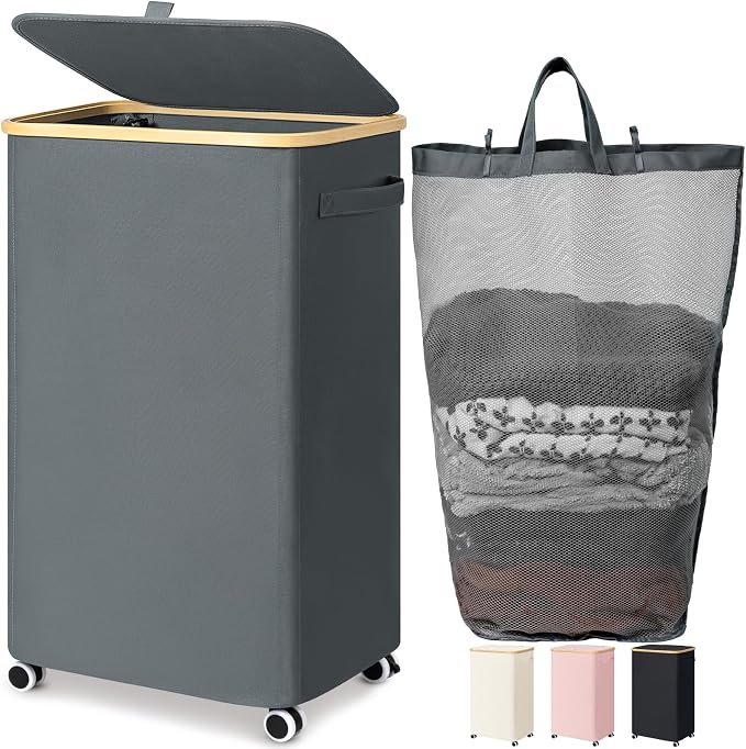 Goodpick Laundry Basket with Wheels, Large Rolling Laundry Hamper Slim Clothes by Goodpick