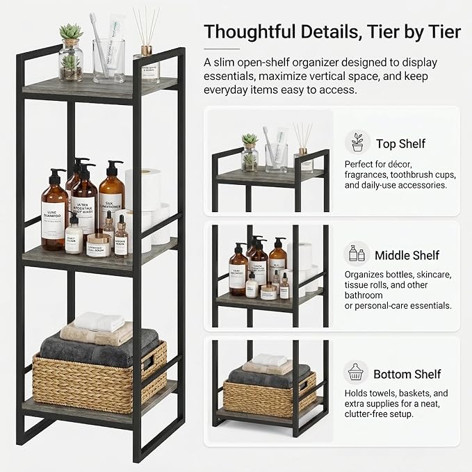 BYFU 3 Tier Bathroom Storage Open Shelf Grey Metal Corner Storage Rack | 33.5" - Image 6