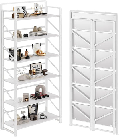 JSB No Assembly Folding Bookshelf, 6 Tier Industrial Metal Book Shelf by HomeFurniture