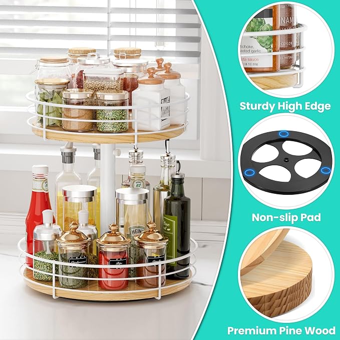 Two Tier Lazy Susan Organizer Turntable, 12 Inch, Rotating Spice Rack, Wood - Image 3