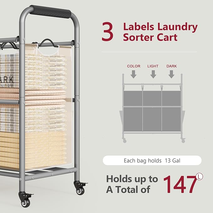 Tajsoon 3 Bag Laundry Sorter Cart, Laundry Hamper Sorter Basket - Image 3