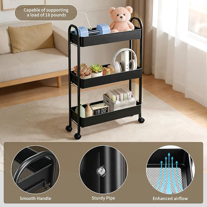 Slim Rolling Cart, Metal Frame Utility Rolling 3-Tier Narrow Storage Cart | - Image 7