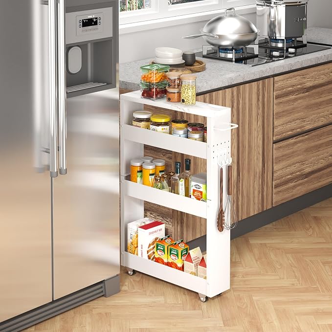 Slim Storage Cart, 4-Tier Kitchen Rolling Cart Narrow Storage Cabinet - Image 2