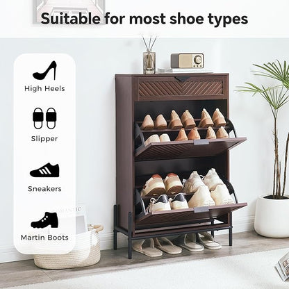 Shoe Cabinet with 2 Flip Drawers, Narrow Entryway Rack, Freestanding, - Image 3