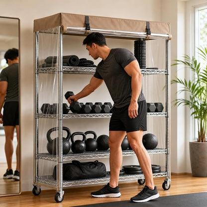 Wire Shelving with Cover, 5-Tier Metal Storage Rack, Lockable Wheels & Leveling - Image 7
