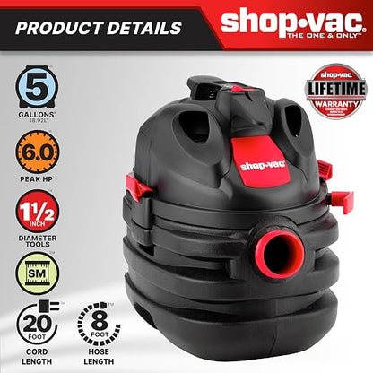 Shop-Vac 5 Gallon 6.0 Peak HP Portable Wet/Dry Vacuum, 1-1/2 Inch Diameter x 8 - Image 2